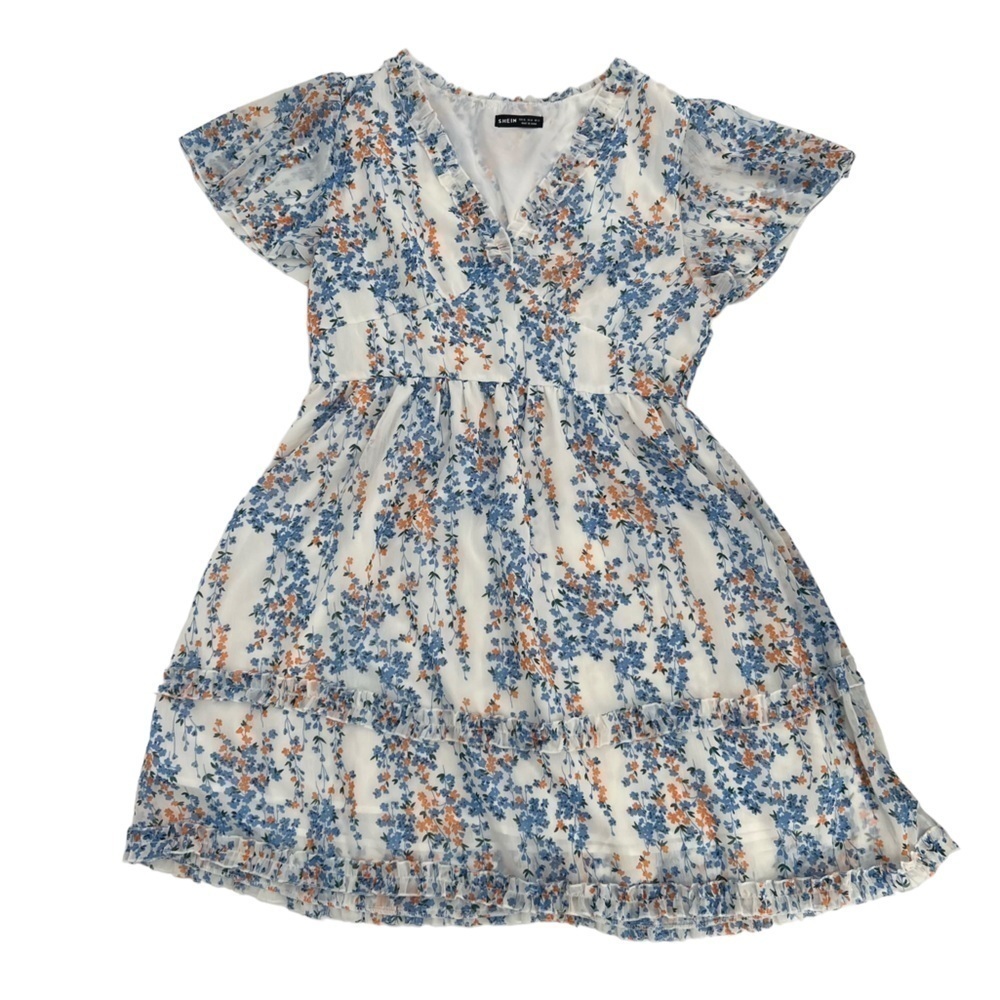 SHEIN White Floral V-Neck Lace Trim Elastic Waist Mini Dress Size 12 Women’s
